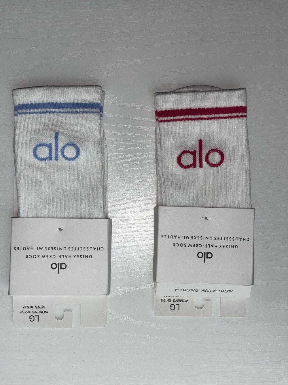 ALO Yoga Unisex Crew Socks - White with Pink & Blue Logos - Picture 2 of 3